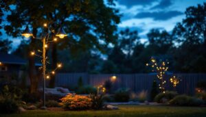A photograph of a well-lit backyard featuring a stylish light pole
