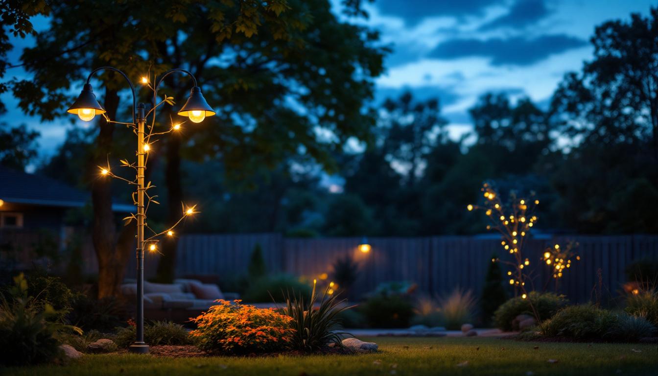 A photograph of a well-lit backyard featuring a stylish light pole