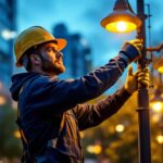 A photograph of a lighting contractor installing or adjusting outdoor commercial lighting fixtures in a vibrant urban setting