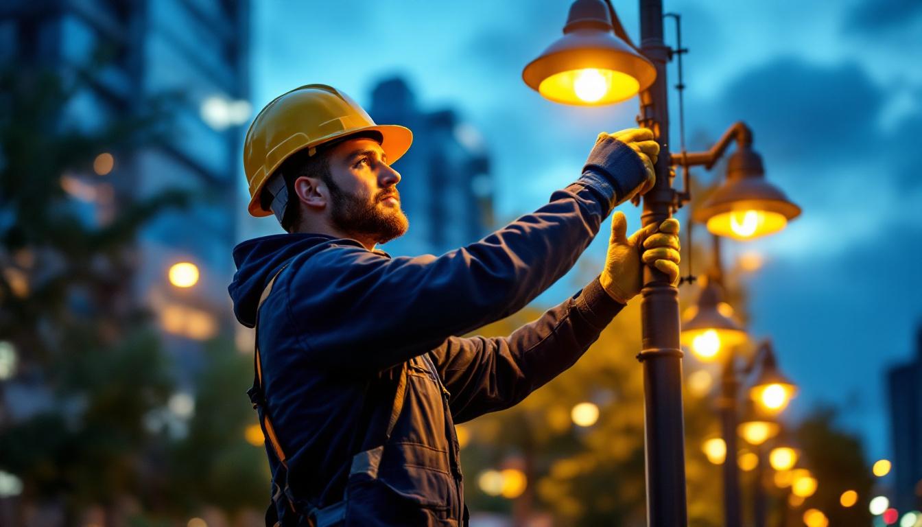 A photograph of a lighting contractor installing or adjusting outdoor commercial lighting fixtures in a vibrant urban setting