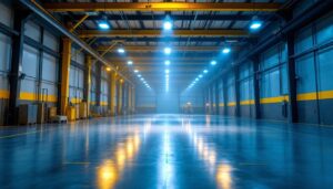 A photograph of a well-lit industrial space featuring led low bay lighting in action