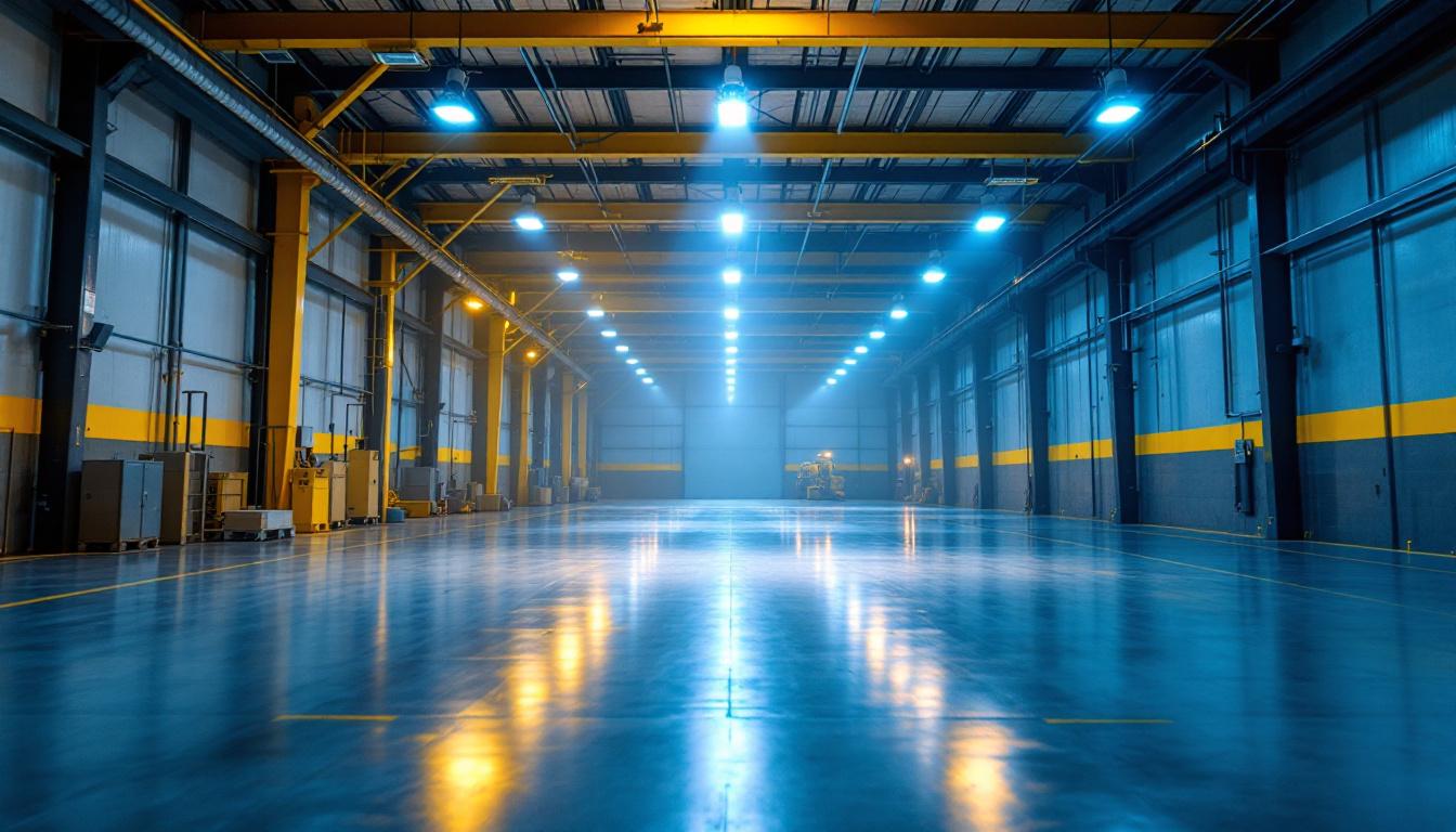A photograph of a well-lit industrial space featuring led low bay lighting in action