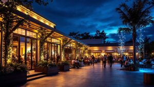 A photograph of a beautifully illuminated outdoor commercial space at dusk