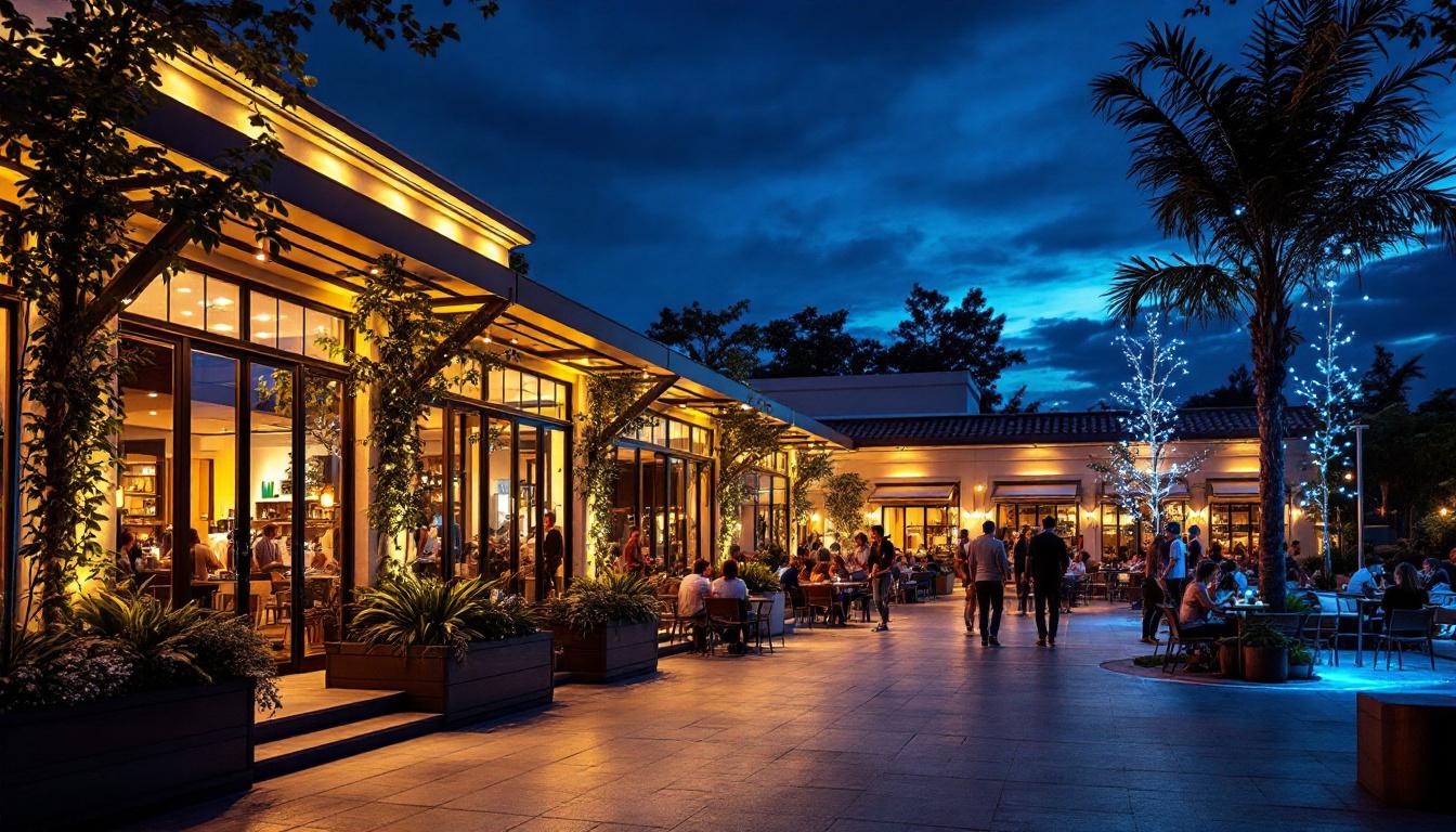 A photograph of a beautifully illuminated outdoor commercial space at dusk