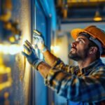 A photograph of a lighting contractor installing bulk led strip lights in a modern interior space
