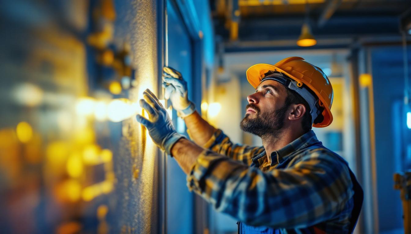 A photograph of a lighting contractor installing bulk led strip lights in a modern interior space