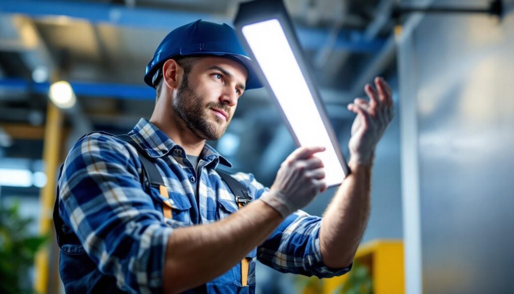 A photograph of a lighting contractor installing or inspecting a sleek
