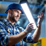 A photograph of a lighting contractor installing or inspecting a sleek