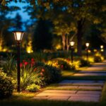 A photograph of a beautifully illuminated garden scene featuring elegant solar light posts highlighting pathways and landscaping