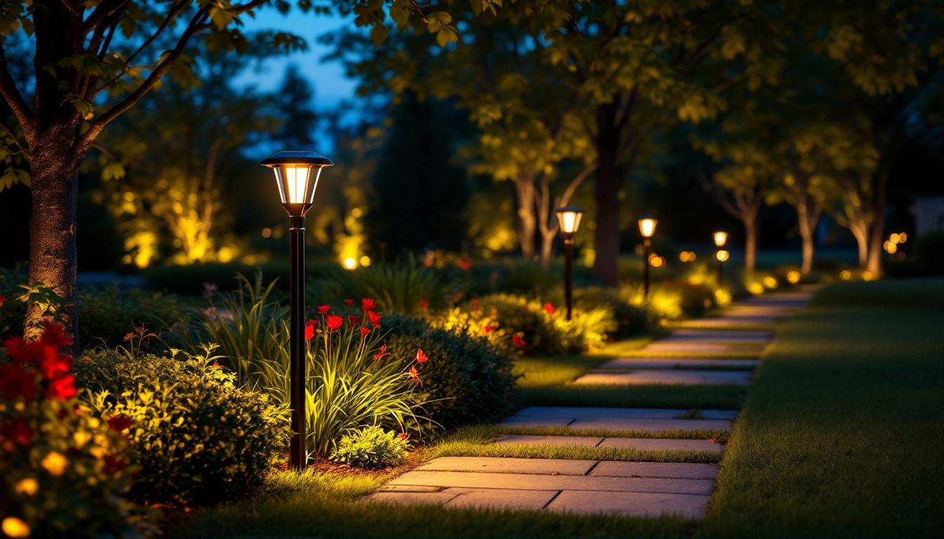 A photograph of a beautifully illuminated garden scene featuring elegant solar light posts highlighting pathways and landscaping