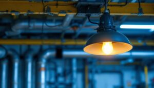A photograph of a vapor-proof light fixture installed in a commercial or industrial setting