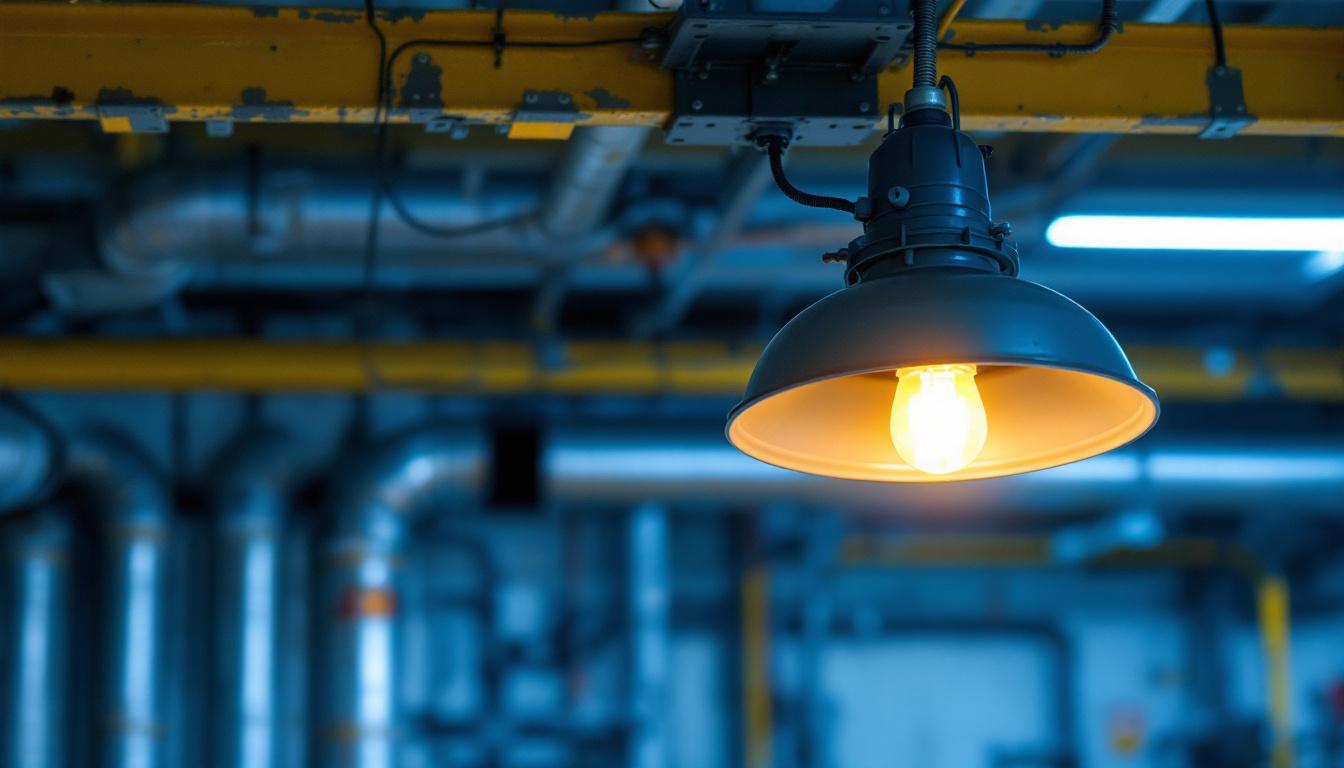 A photograph of a vapor-proof light fixture installed in a commercial or industrial setting