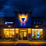 A photograph of a well-lit commercial exterior at night