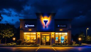 A photograph of a well-lit commercial exterior at night