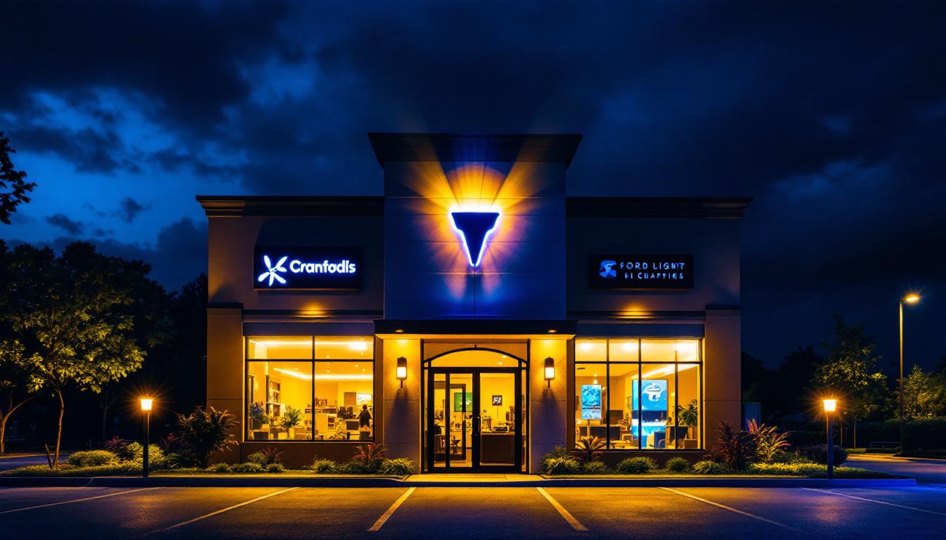 A photograph of a well-lit commercial exterior at night