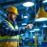 A photograph of a lighting contractor installing hazardous location lighting fixtures in an industrial setting