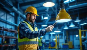 A photograph of a lighting contractor installing hazardous location lighting fixtures in an industrial setting