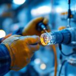 A photograph of a close-up of a watertight wire connector being installed by a lighting contractor