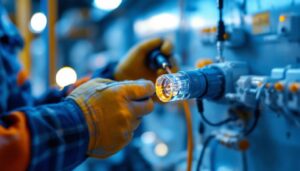 A photograph of a close-up of a watertight wire connector being installed by a lighting contractor