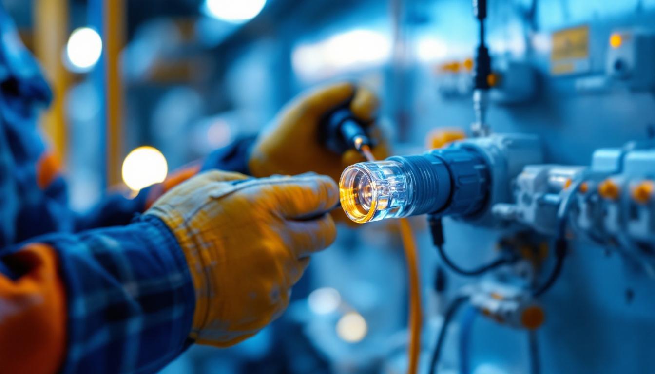 A photograph of a close-up of a watertight wire connector being installed by a lighting contractor