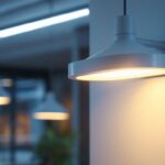 A photograph of a well-designed vapor light fixture installed in a modern commercial setting