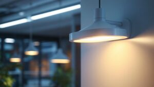 A photograph of a well-designed vapor light fixture installed in a modern commercial setting