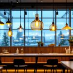 A photograph of a stylish commercial space featuring various pendant light fixtures in use