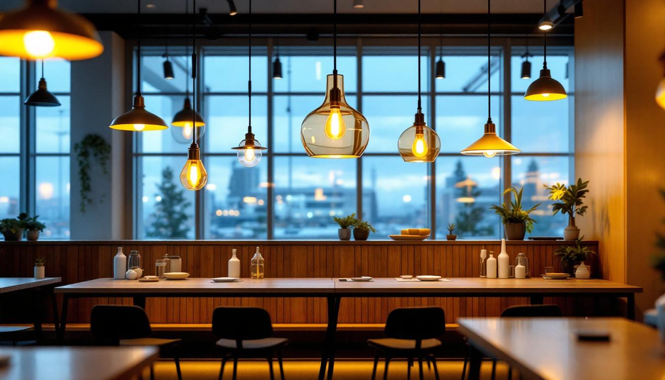 A photograph of a stylish commercial space featuring various pendant light fixtures in use