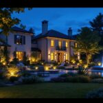 A photograph of a beautifully illuminated outdoor landscape at dusk