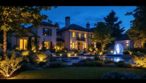 A photograph of a beautifully illuminated outdoor landscape at dusk