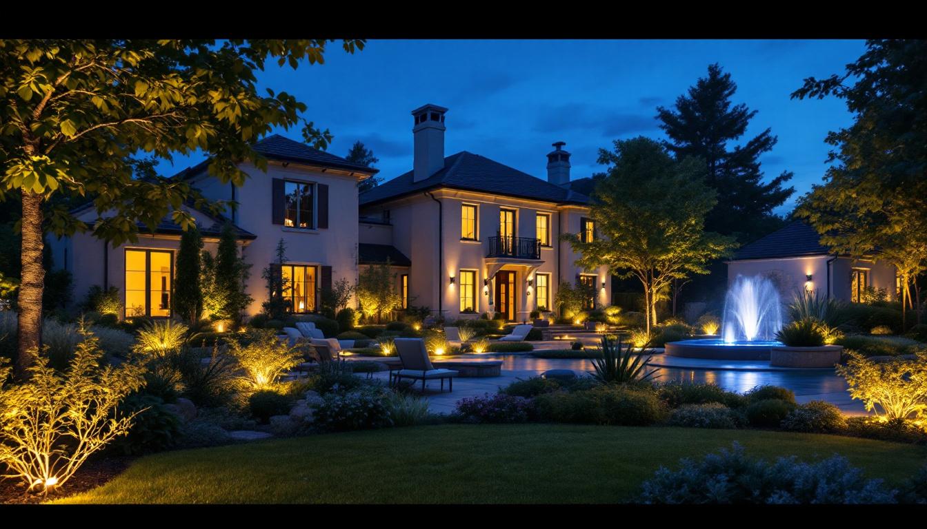 A photograph of a beautifully illuminated outdoor landscape at dusk