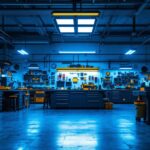 A photograph of a well-lit workshop or garage space featuring overhead led shop lights illuminating various tools and workstations