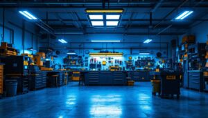A photograph of a well-lit workshop or garage space featuring overhead led shop lights illuminating various tools and workstations