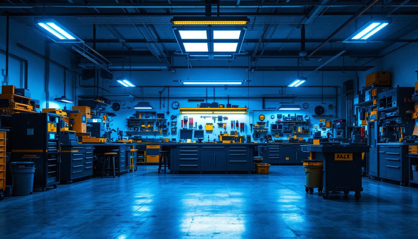 A photograph of a well-lit workshop or garage space featuring overhead led shop lights illuminating various tools and workstations