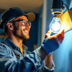 A photograph of a lighting contractor expertly installing a type t halogen light bulb in a residential or commercial setting