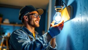 A photograph of a lighting contractor expertly installing a type t halogen light bulb in a residential or commercial setting