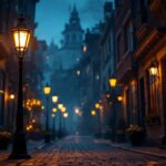 A photograph of a vintage gas lamp glowing softly in a dimly lit street