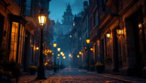 A photograph of a vintage gas lamp glowing softly in a dimly lit street