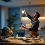 A photograph of a lighting contractor expertly installing a type s led bulb in a modern residential setting