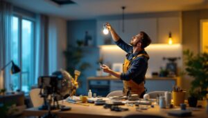 A photograph of a lighting contractor expertly installing a type s led bulb in a modern residential setting