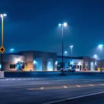 A photograph of a well-lit commercial parking lot showcasing a tall light pole in the foreground