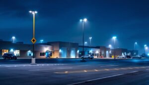 A photograph of a well-lit commercial parking lot showcasing a tall light pole in the foreground