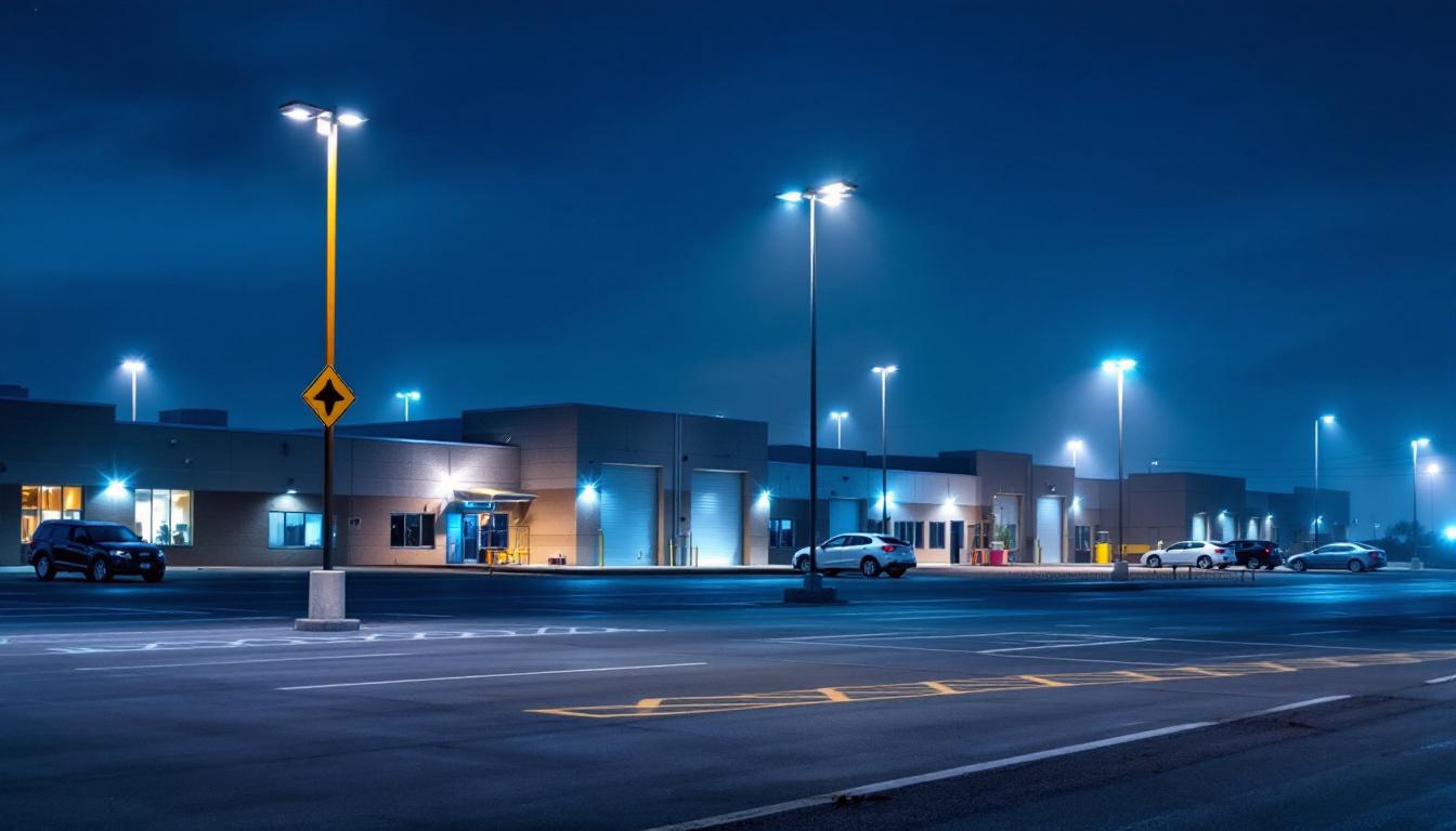 A photograph of a well-lit commercial parking lot showcasing a tall light pole in the foreground