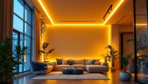 A photograph of a well-lit interior space showcasing a stylish led ceiling strip installation