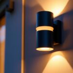 A photograph of a beautifully designed exterior cylinder wall sconce mounted on a stylish facade