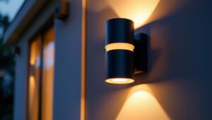 A photograph of a beautifully designed exterior cylinder wall sconce mounted on a stylish facade