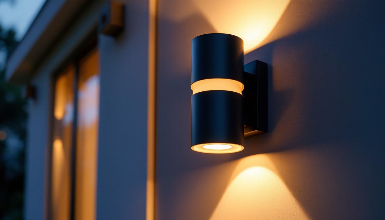A photograph of a beautifully designed exterior cylinder wall sconce mounted on a stylish facade