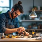 A photograph of a skilled lighting contractor meticulously replacing components of a stylish hanging lamp