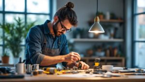 A photograph of a skilled lighting contractor meticulously replacing components of a stylish hanging lamp