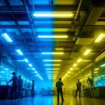 A photograph of a well-lit commercial space showcasing the contrast between traditional fluorescent lights and newly installed led fixtures